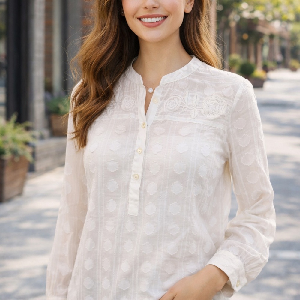 LOFT Petites White Textured Embroidered Button Blouse — Women's SP